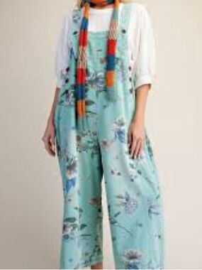 NWT Easel Loose Fit Mint Floral Print Overalls in Washed Denim